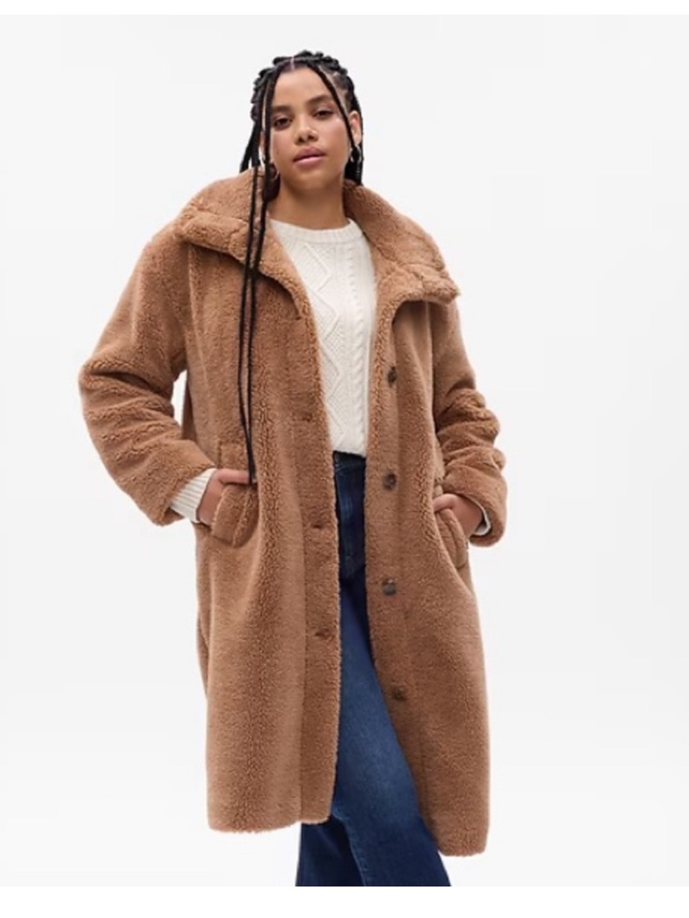GAP Women's Sherpa Long Teddy Coat in Camel Brown Size Large